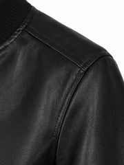Women's black cowhide leather bomber jacket, collar detail