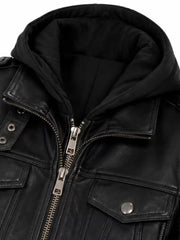 Women's black sheepskin leather hooded jacket, side view