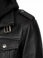 Women's black sheepskin leather hooded jacket, collar detail