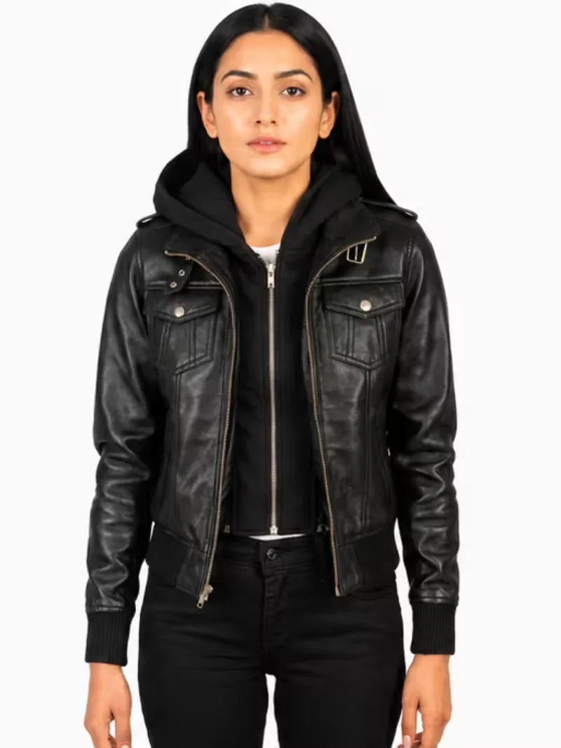 Women's black sheepskin leather hooded jacket, front view