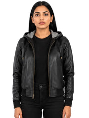 Women's black cowhide leather hooded jacket, front view
