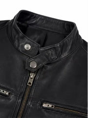 Women's black sheepskin leather jacket, side view