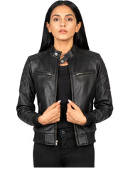Women's black sheepskin leather jacket, front view