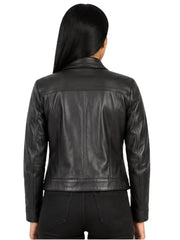 Women's black sheepskin leather shirt jacket, back view