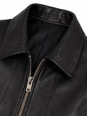 Women's black sheepskin leather shirt jacket, side view