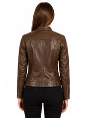 Women's black sheepskin leather jacket, collar detail