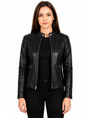 Women's black sheepskin leather jacket, front view