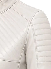 Women's black sheepskin collarless leather jacket, collar detail