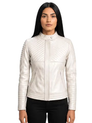 Women's black sheepskin collarless leather jacket, front view