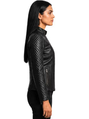 Women's black sheepskin leather biker jacket, side view