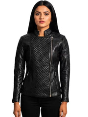 Women's black sheepskin leather biker jacket, front view