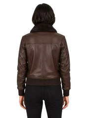 Women's black shearling leather jacket, collar detail