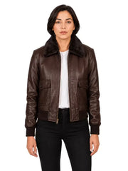 Women's black shearling leather jacket, side view