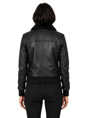 Women's black shearling leather jacket, back view