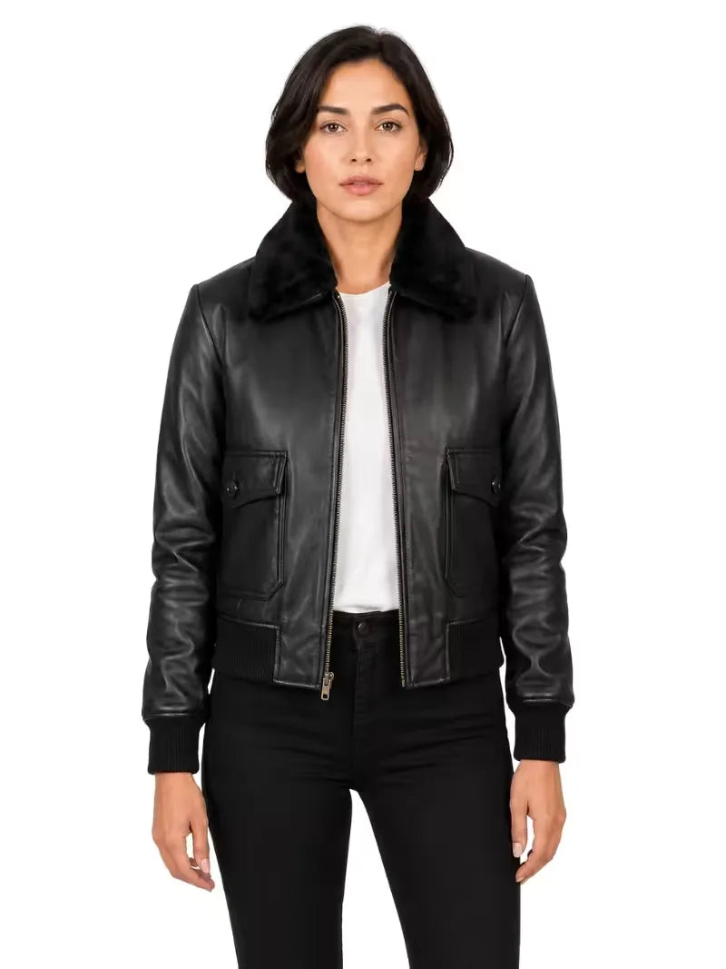 Women's black shearling leather jacket, front view
