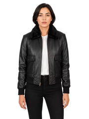 Women's black shearling leather jacket, front view