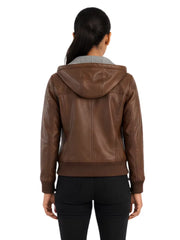 Women's black sheepskin leather hooded jacket, collar detail