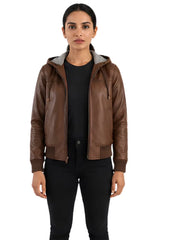 Women's black sheepskin leather hooded jacket, side view