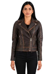 Women's black sheepskin leather jacket, side view