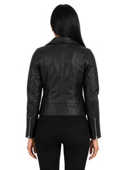 Women's black sheepskin leather jacket, back view