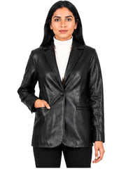 Women's black sheepskin leather blazer, front view