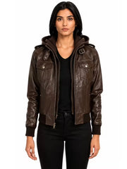 Women's black sheepskin leather hooded jacket, side view