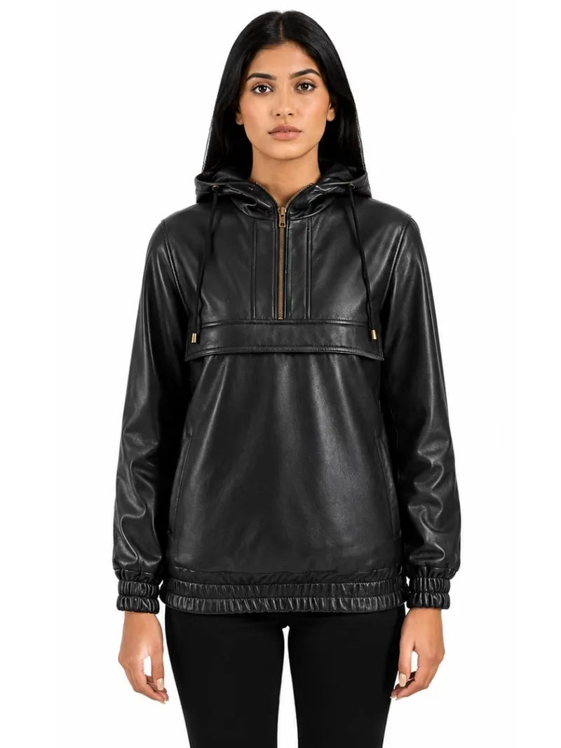Women's black sheepskin leather hooded jacket, front view