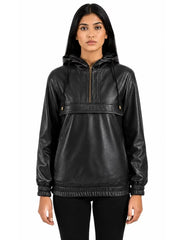 Women's black sheepskin leather hooded jacket, front view