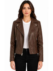 Women's black sheepskin leather biker jacket, side view