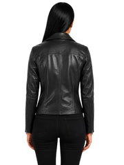 Women's black sheepskin leather biker jacket, back view