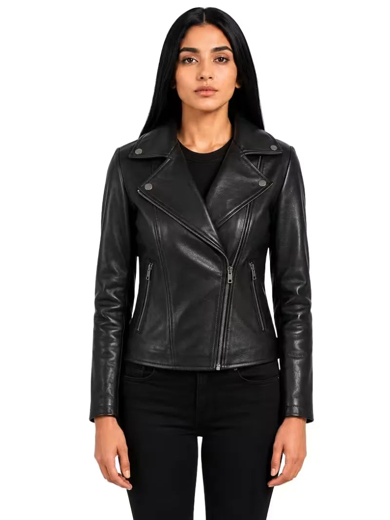 Women's black sheepskin leather biker jacket, front view