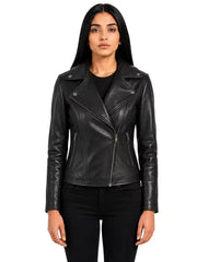 Women's black sheepskin leather biker jacket, front view