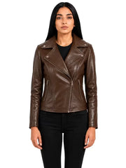 Women's black sheepskin leather biker jacket, side view