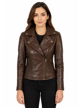 Women's Black Sheepskin Leather Biker Jacket with Asymmetrical Zip Front Closure, side view