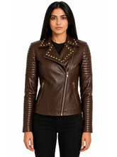 Women's Black Sheepskin Leather Biker Jacket with Asymmetrical Zip Front and Studded Lapel Collar, side view