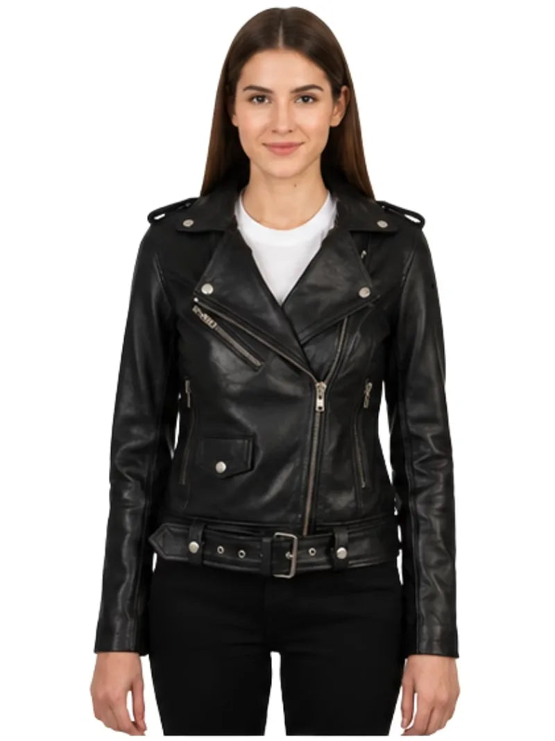 Women's black sheepskin leather jacket, front view