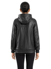 Women's black sheepskin leather jacket, back view
