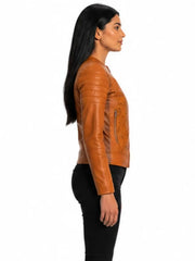 Women's brown sheepskin leather puffer jacket, side view