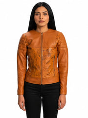 Women's brown sheepskin leather puffer jacket, front view