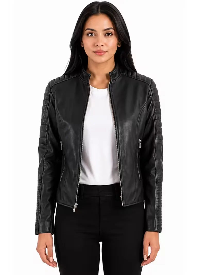 Women's brown sheepskin leather jacket, front view
