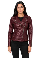Women's black sheepskin leather jacket, side view