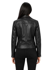 Women's black sheepskin leather jacket, back view