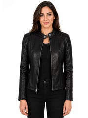 Women's black sheepskin leather jacket, front view