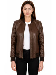 Women's black sheepskin leather jacket, side view