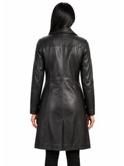 Women's black sheepskin leather coat, back view