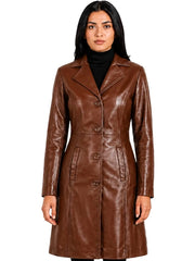Women's black premium real leather coat, side view