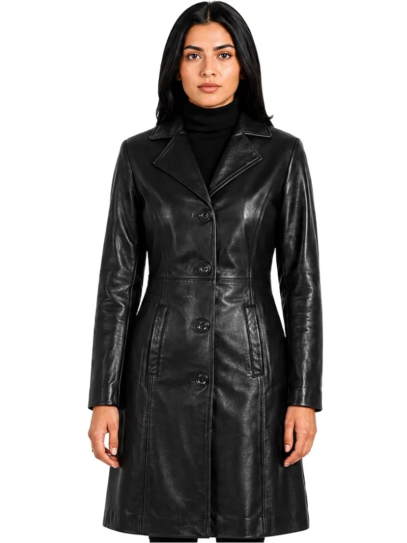 Women's black premium real leather coat, front view
