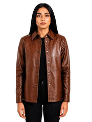Women's black sheepskin leather shirt jacket, side view