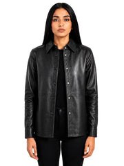 Women's black sheepskin leather shirt jacket, front view