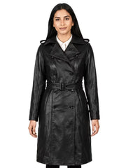Women's black sheepskin leather trench coat, front view